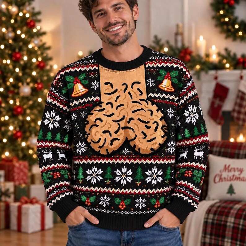 Men's Naughty Ugly Christmas Sweater: Red Funny Phallic Fair Isle Top