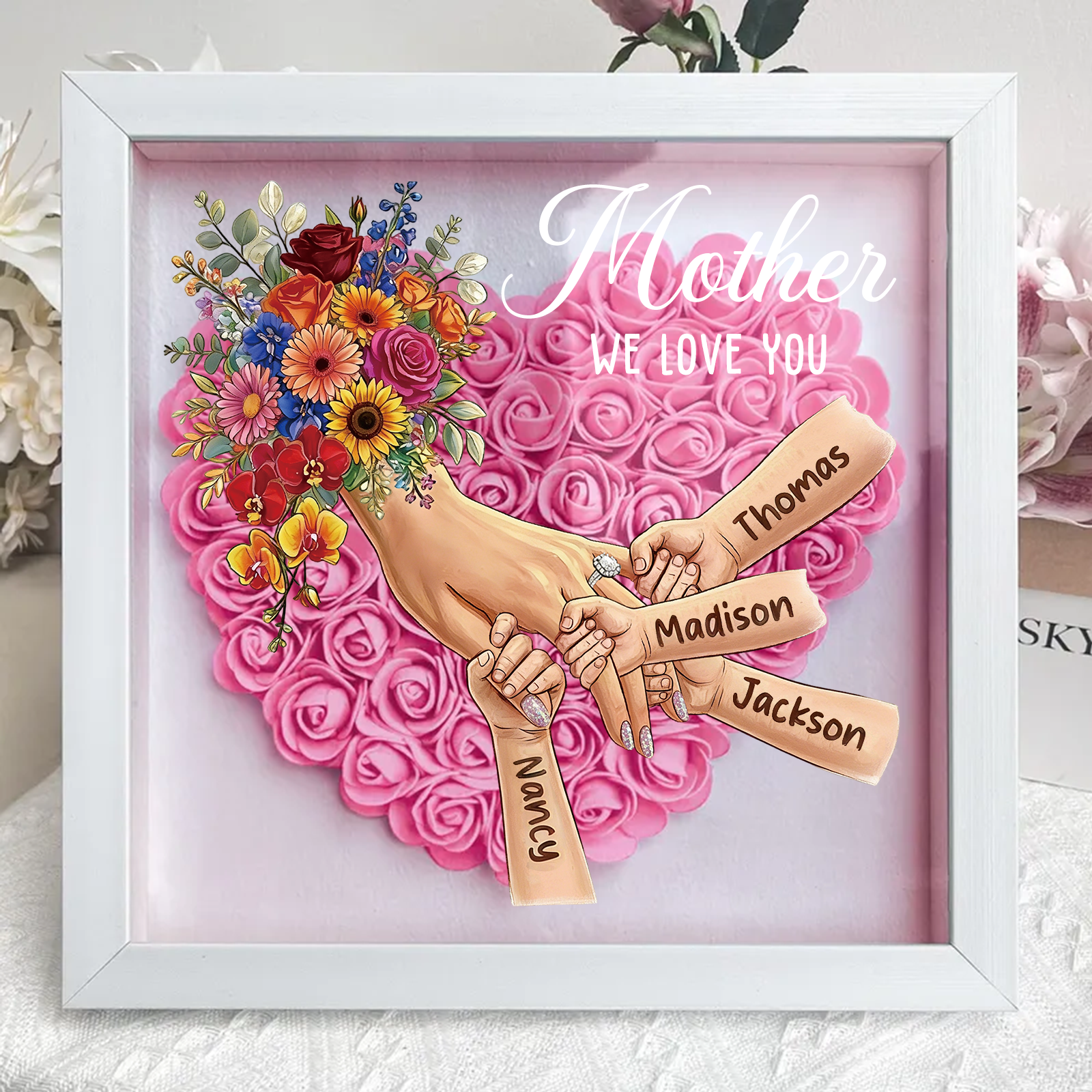 Personalized Mommy Holding Hands Shadow Box with Ring & Manicure – Custom Kids Names Floral Heart Frame, Premium Mother’s Day Gift