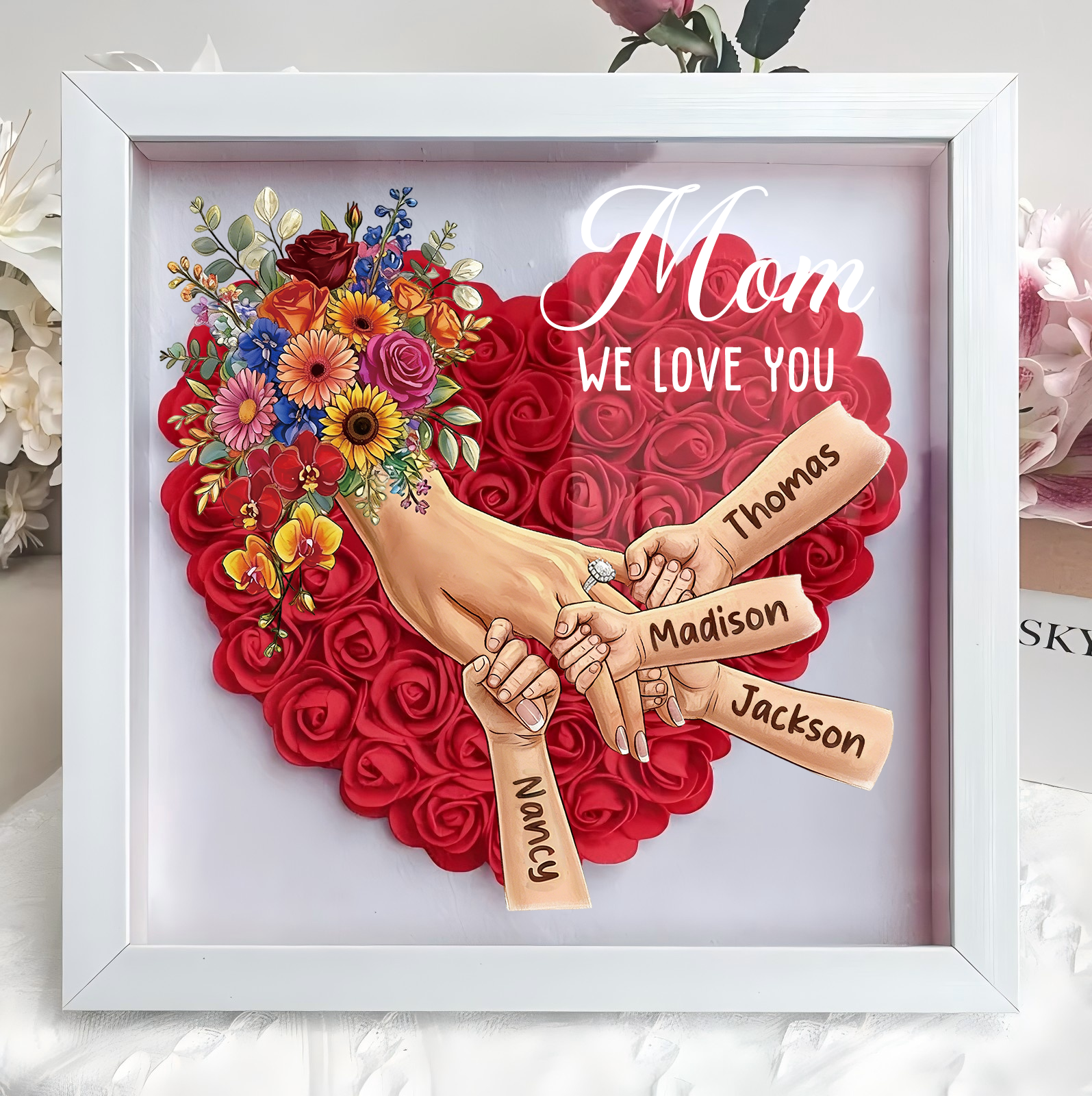 Mommy Holding Hands LED Shadow Box With Ring & Manicure – Custom Kids Names Floral Heart Frame Light Gift for Mom & Grandma | Mother’s Day Gift