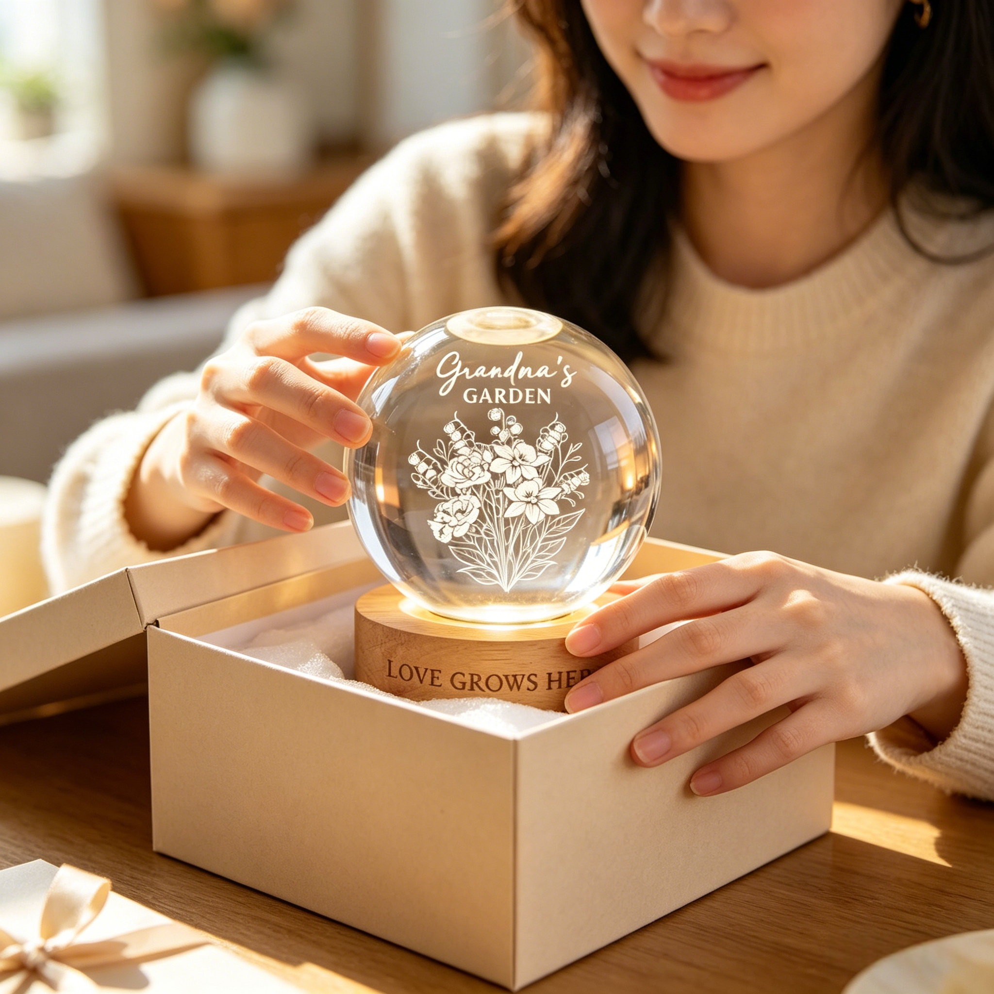Personalized Birth Month Flower Crystal Ball Night Light Custom Name Quotes Mother's Day Gift for Mom Grandma