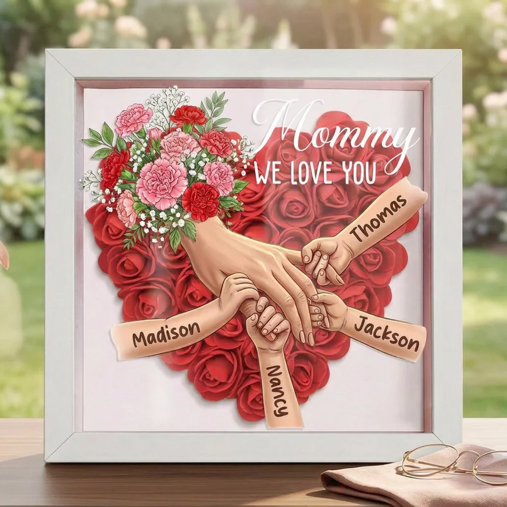Carnation Personalized Mom Holding Hands Memorial Shadow Box – Custom Name Remembrance Frame, Mother’s Day In Loving Memory Gift