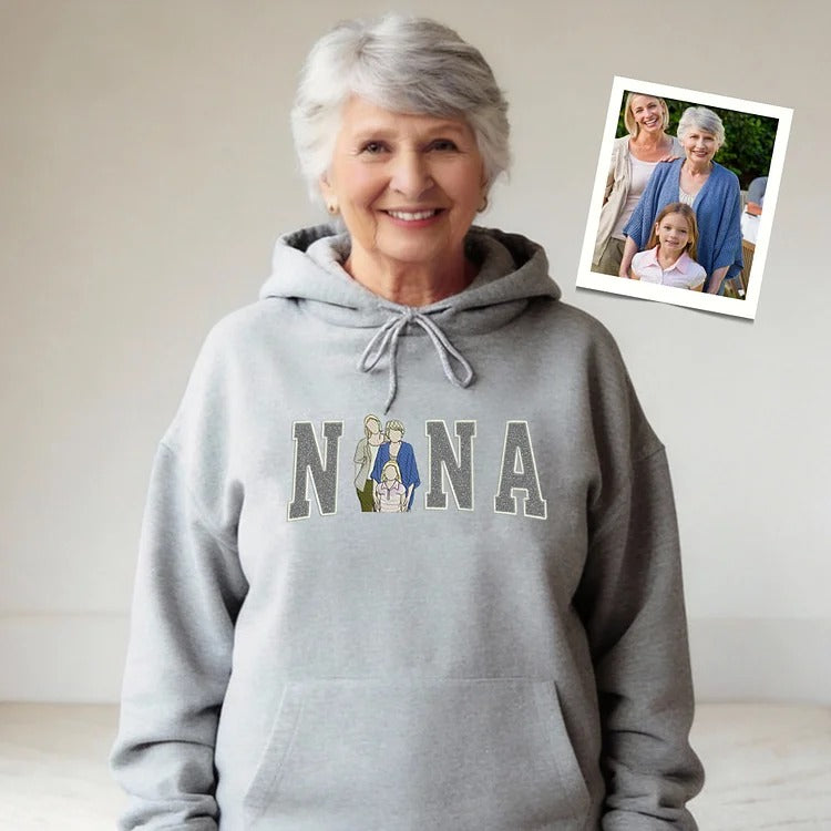 A Glittering Gift for Grandma, Personalized Portrait Sweatshirt with Embroidered Family Photo & Sparkle