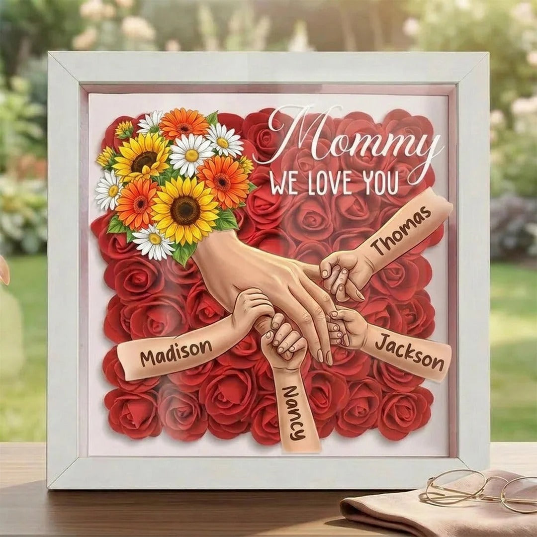 Sunflower Personalized Mom Holding Hands Memorial Shadow Box – Custom Name Remembrance Frame, Mother’s Day In Loving Memory Gift