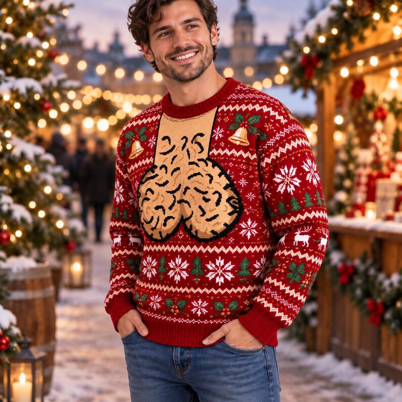 Men's Naughty Ugly Christmas Sweater: Red Funny Phallic Fair Isle Top
