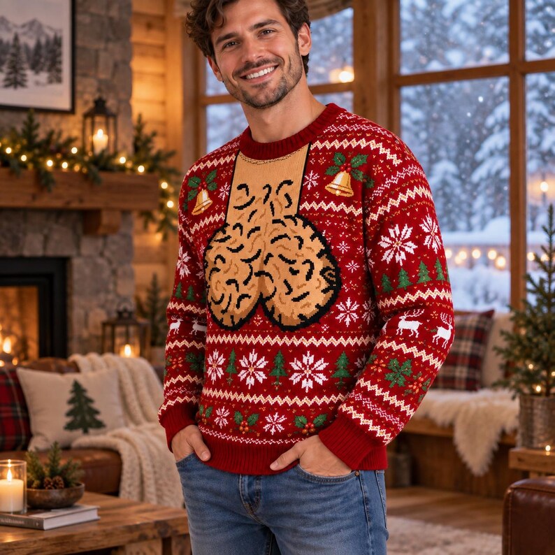 Men's Naughty Ugly Christmas Sweater: Red Funny Phallic Fair Isle Top