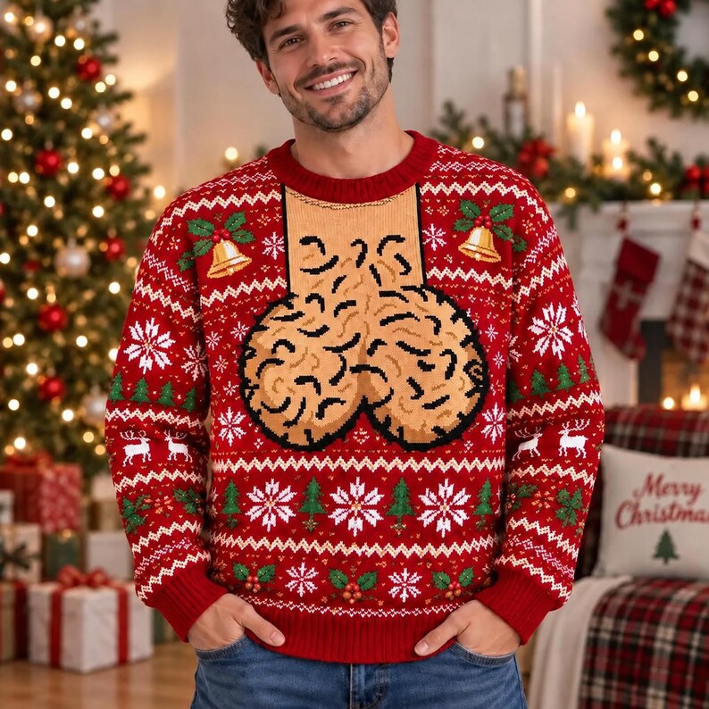 Men's Naughty Ugly Christmas Sweater: Red Funny Phallic Fair Isle Top