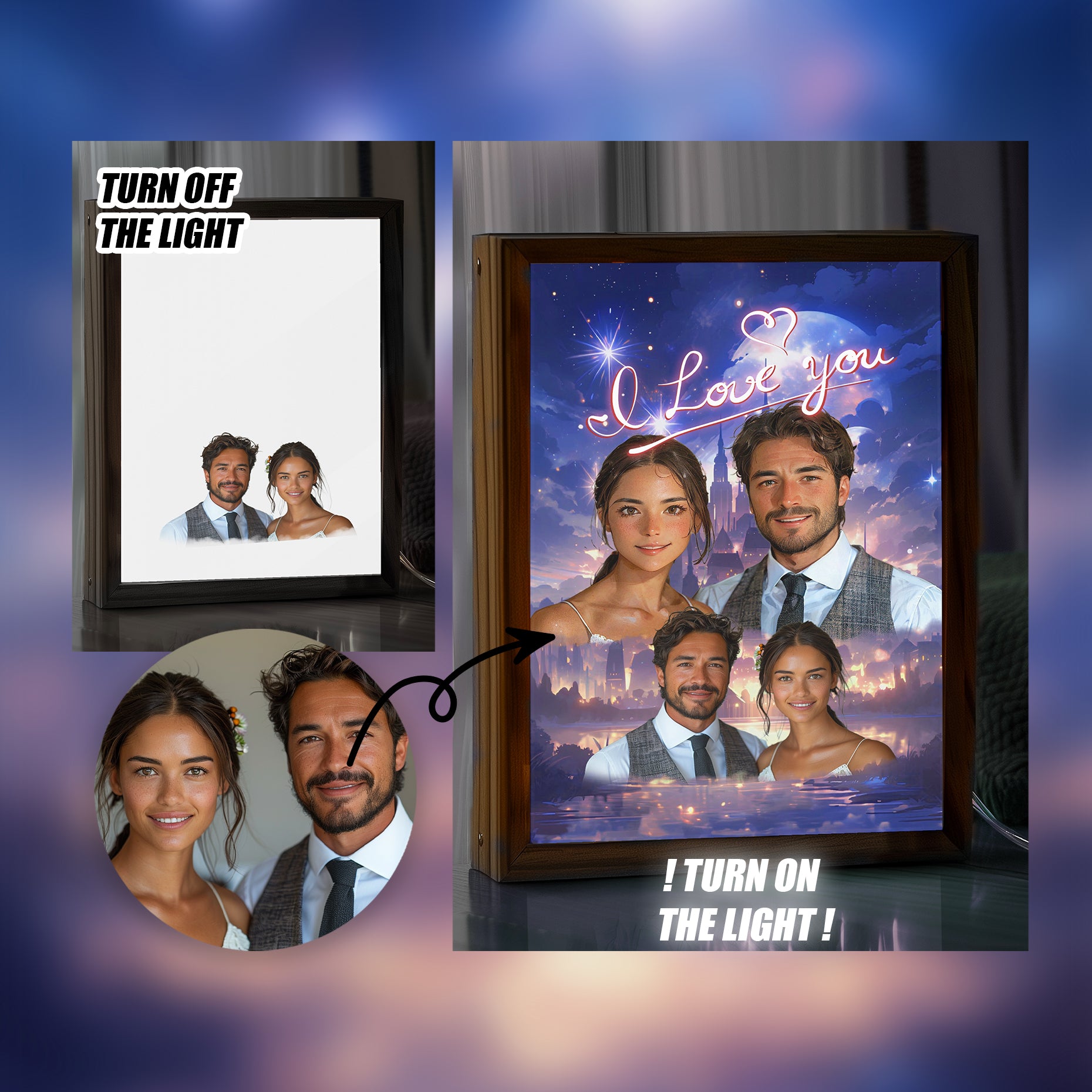 Personalized couple portraits art framed lamps, loved ones, best anniversary gift ever!