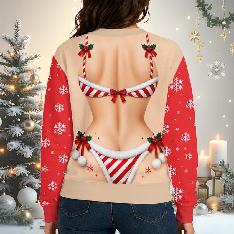 Christmas Sweatershirt for Women, Fake Ugly Xmas Sweater with Sexy Holiday Costume, Festive Party Fun Xmas Holiday Gift for Her
