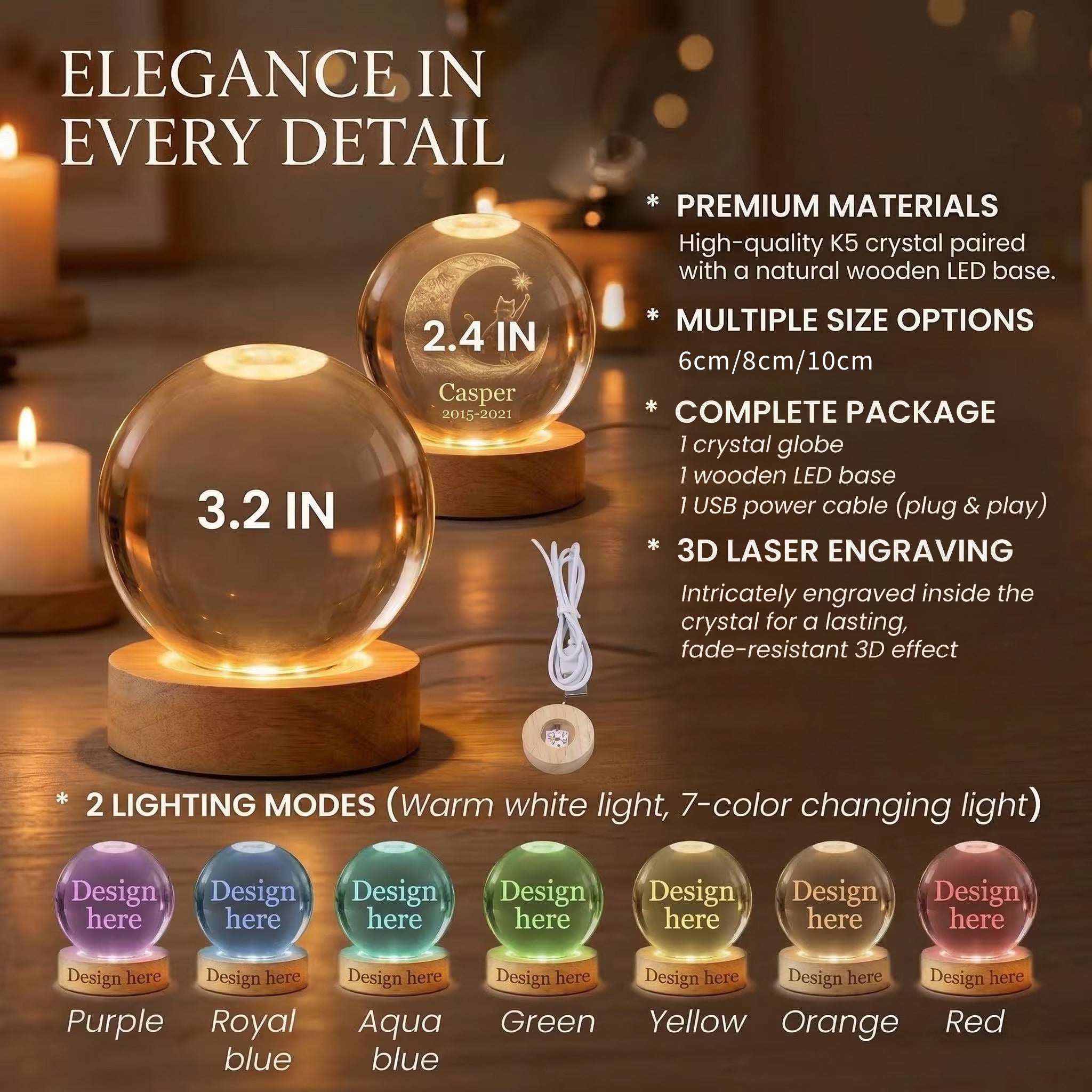 Mama Bear Custom Name Crystal Ball Night Light, Mother's Day Gift