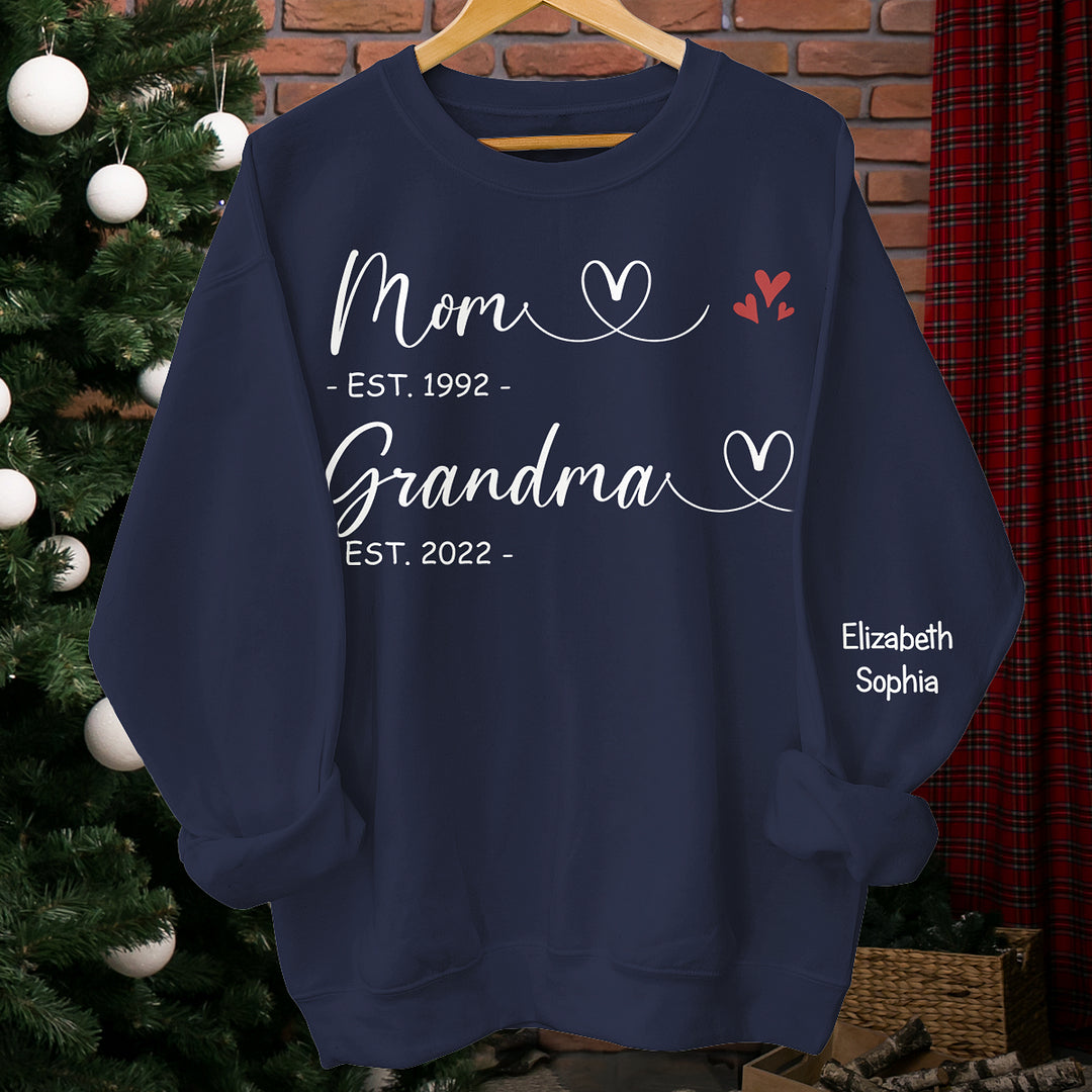 First Mom Now Grandma - Kids Name on Sleeve Sweatshirt