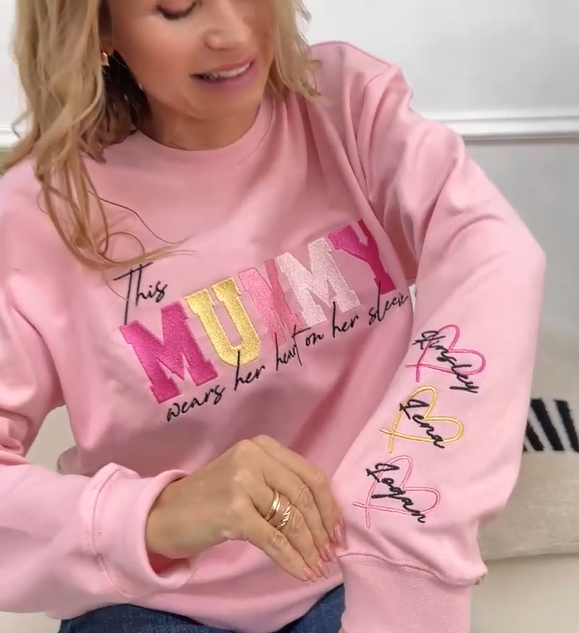 GETFAMILYGIFTS™Custom Embroidered Mum Wears Her Heart On Her Sleeve Sweatshirt | Mother’s Day Gift