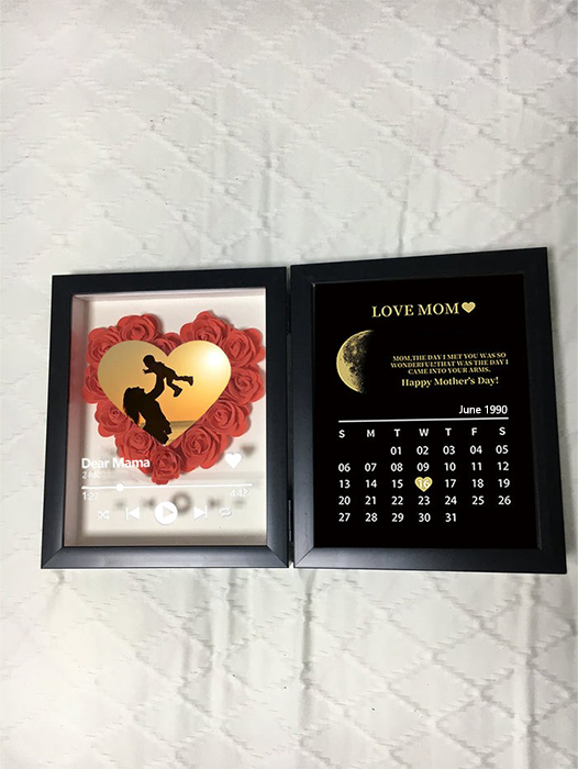 (Heart With Song) Custom Flowers Frame for Mom Grandma with REAL MOON PHASE Calendar