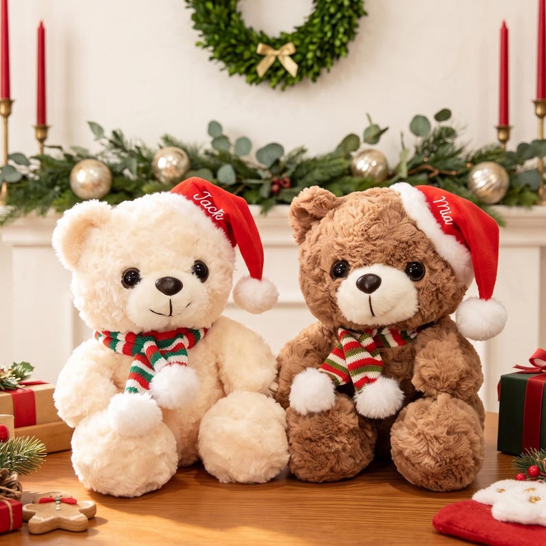 Personalized Christmas Teddy Bear Plush – Custom Name Gift for Couples & Loved Ones