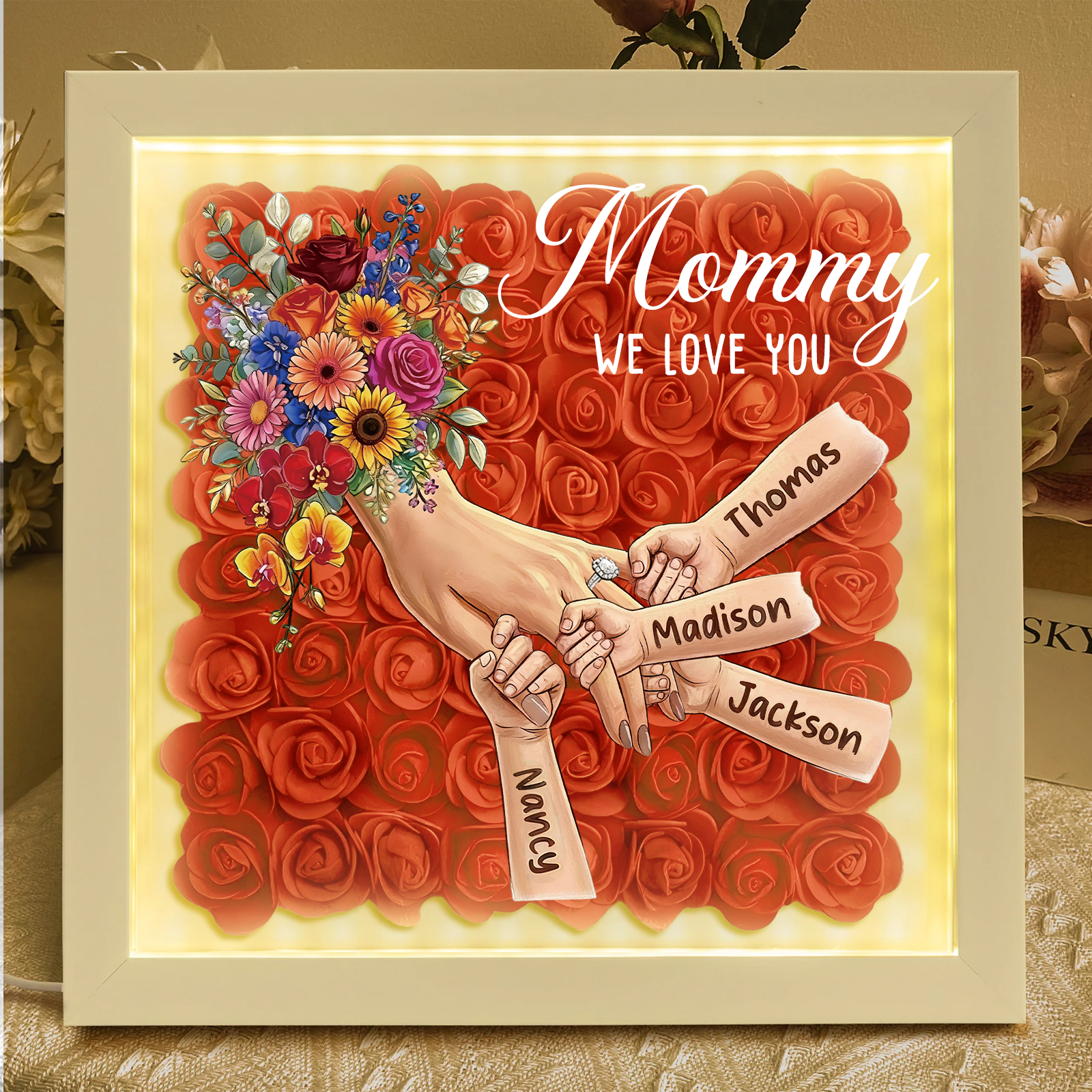 Mommy Holding Hands LED Shadow Box With Ring & Manicure – Custom Kids Names Floral Heart Frame Light Gift for Mom & Grandma | Mother’s Day Gift