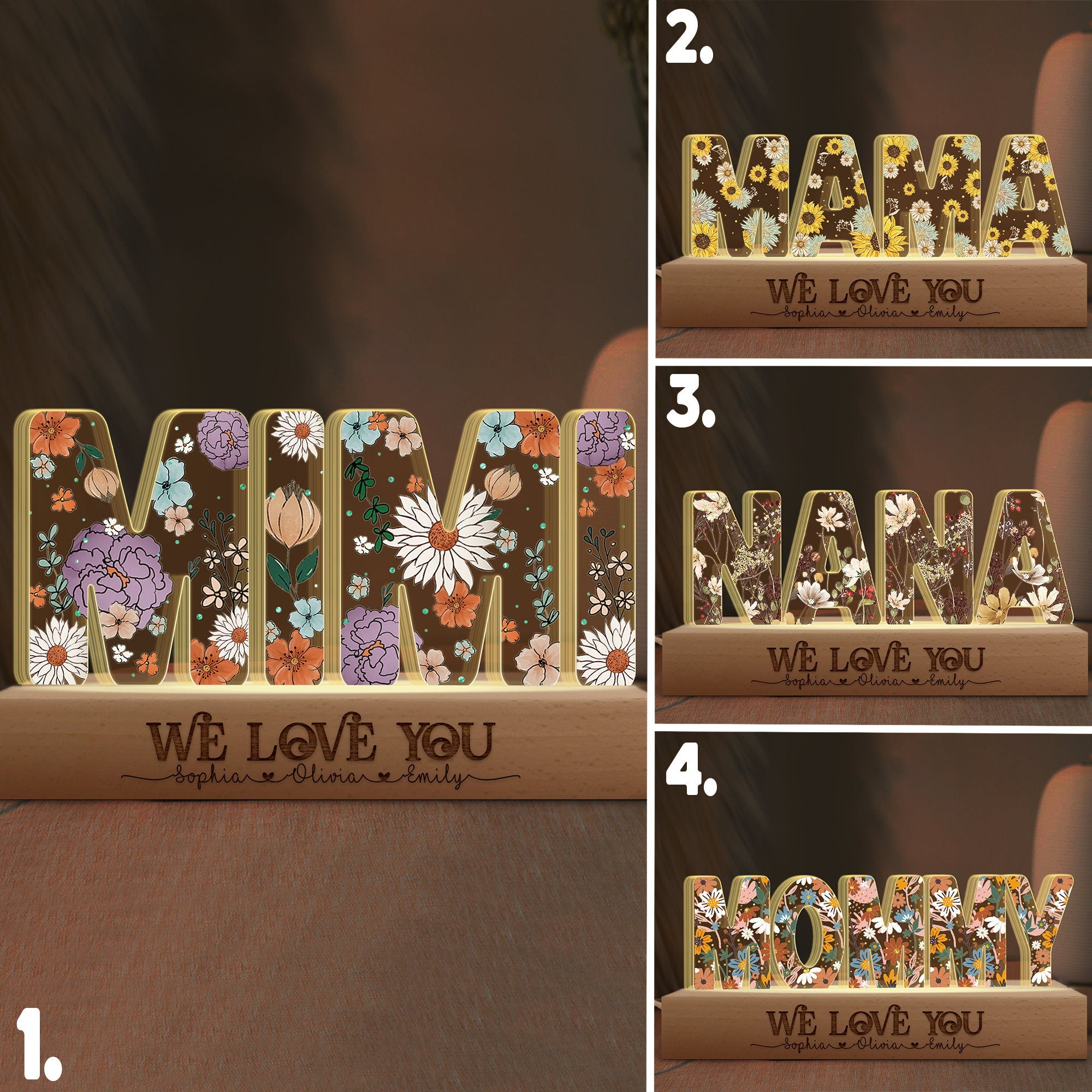Custom Mother's Day Gift, Personalized Mom Flowers 3D LED Lights Mother's Day Gift for Grandma, Customized Gift for Nana
