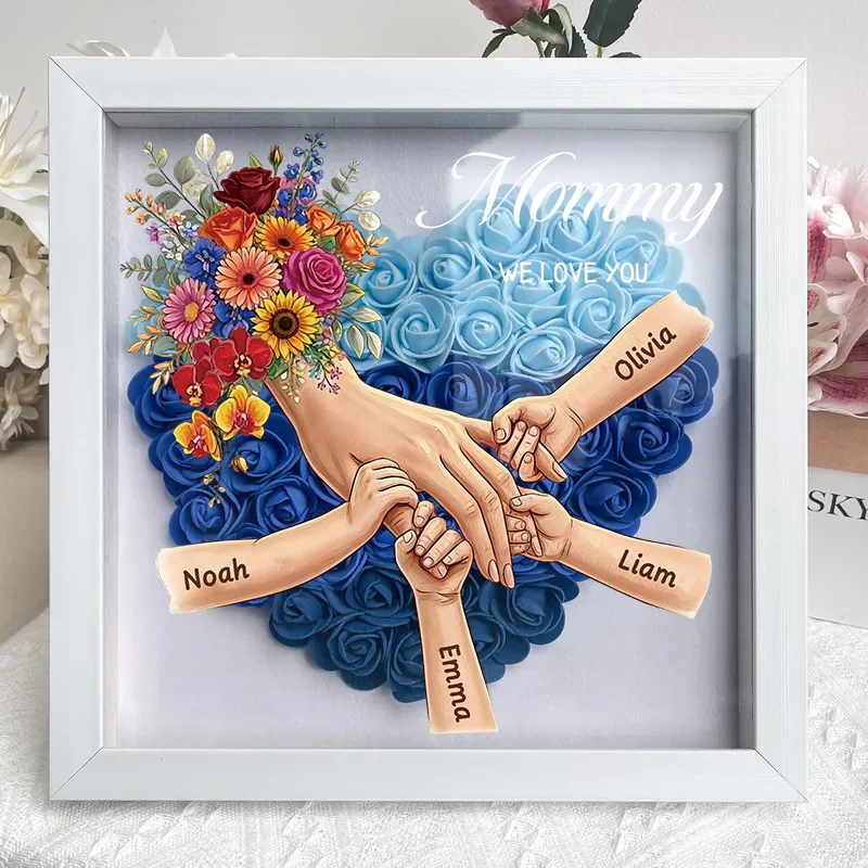 Custom Mommy Holding Hands Shadow Box – Custom Mixed Skin Tone Hands & Kids Names Floral Heart Frame Gift for Mom & Grandma | Mother’s Day Gift