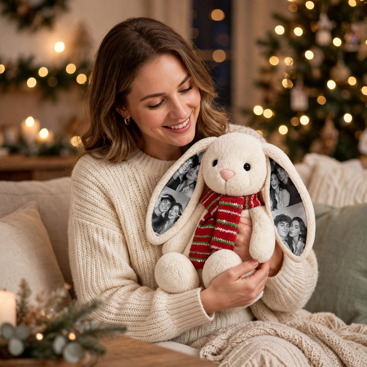 Custom Photo Long-Ear Bunny Plush with Christmas Winter Scarf Christmas Gifts