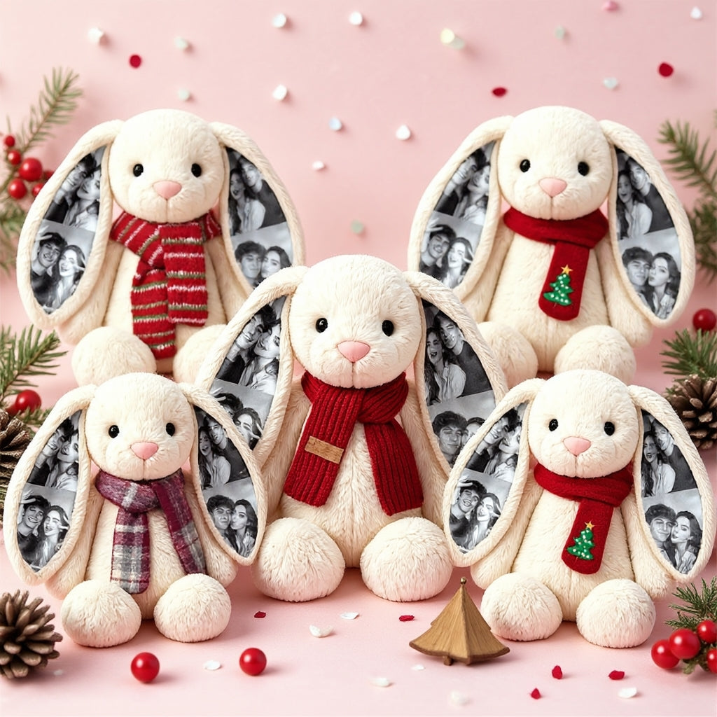 Custom Photo Long-Ear Bunny Plush with Christmas Winter Scarf Christmas Gifts