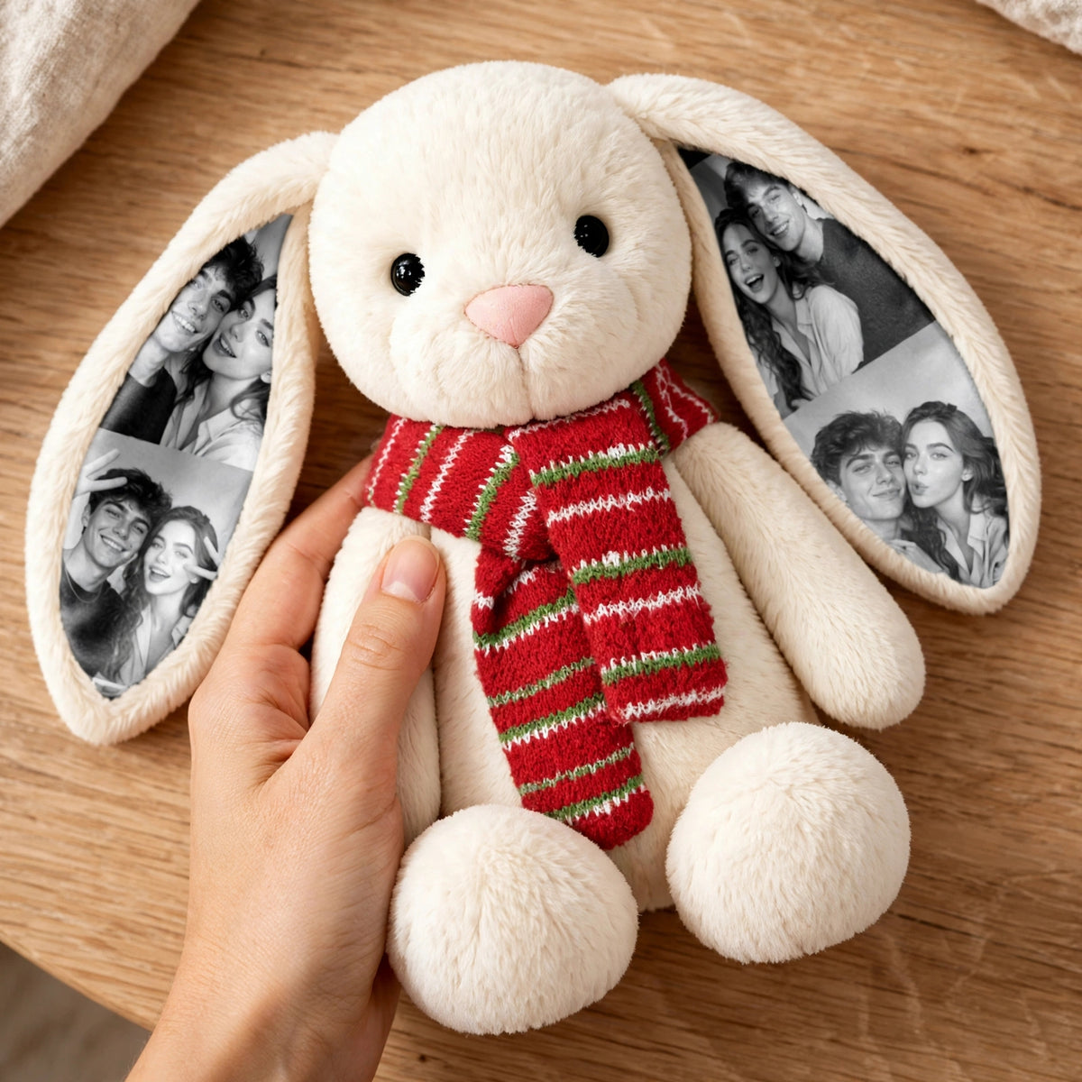 Custom Photo Long-Ear Bunny Plush with Christmas Winter Scarf Christmas Gifts