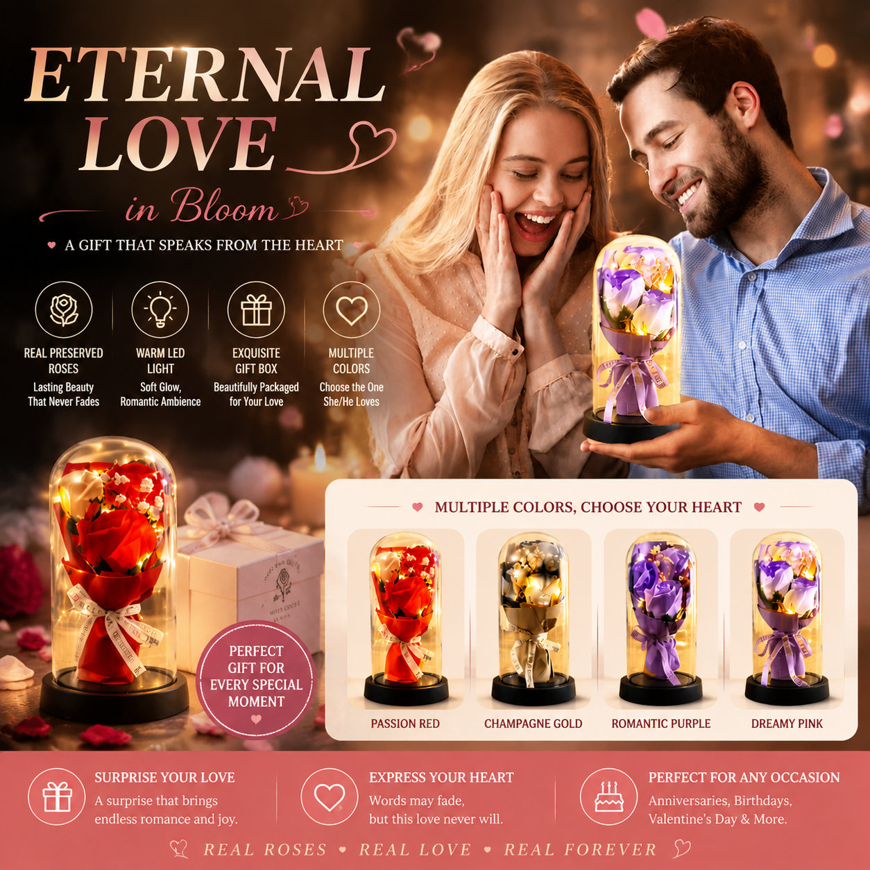 Preserved 7 Flower Rose Glass Dome with USB LED – Bouquet Gift for Couples