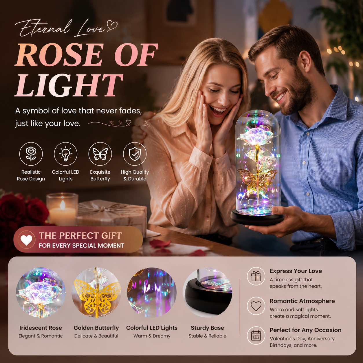 Artificial Galaxy Rose with Light-Up Butterfly in Glass Dome – Couple Gift for Her on Any Occasion