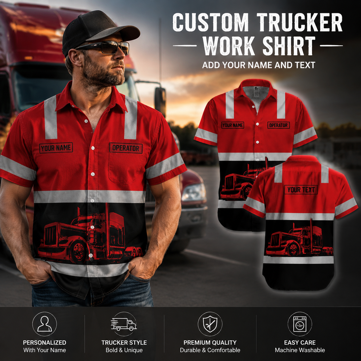 Custom Printed Trucker Uniform (with Gray Stripes) — Upload Your Truck Image and Name