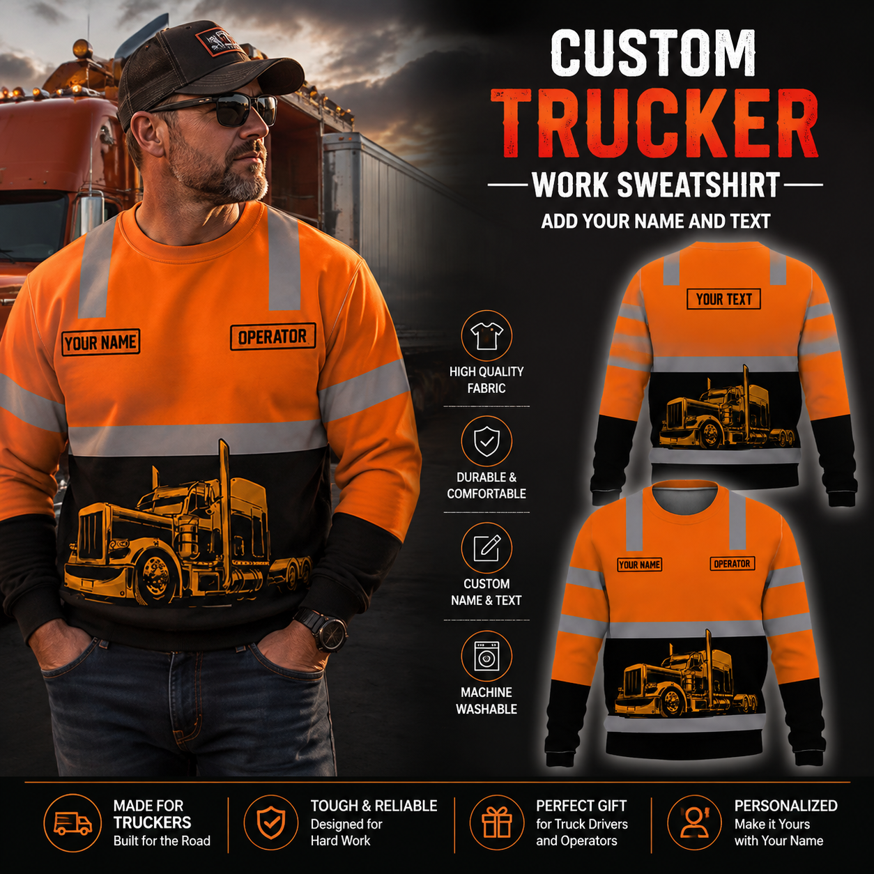 Custom Grey Striped Trucker Work Sweatshirt – Upload Your Truck Photo and Name