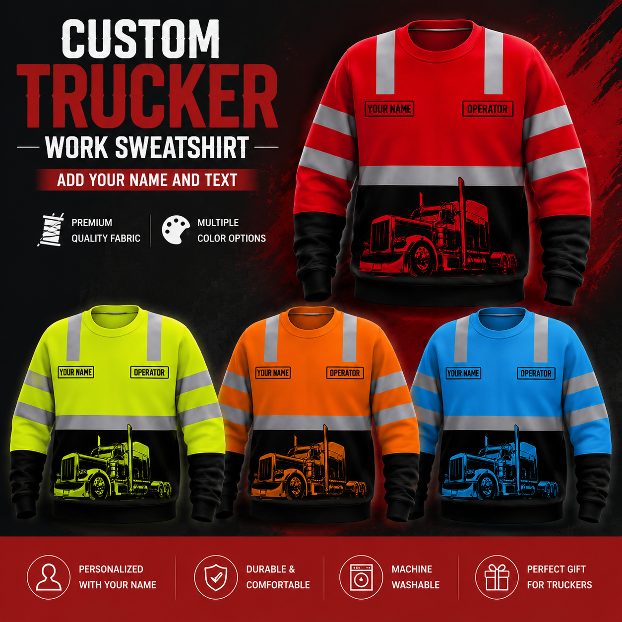 Custom Grey Striped Trucker Work Sweatshirt – Upload Your Truck Photo and Name