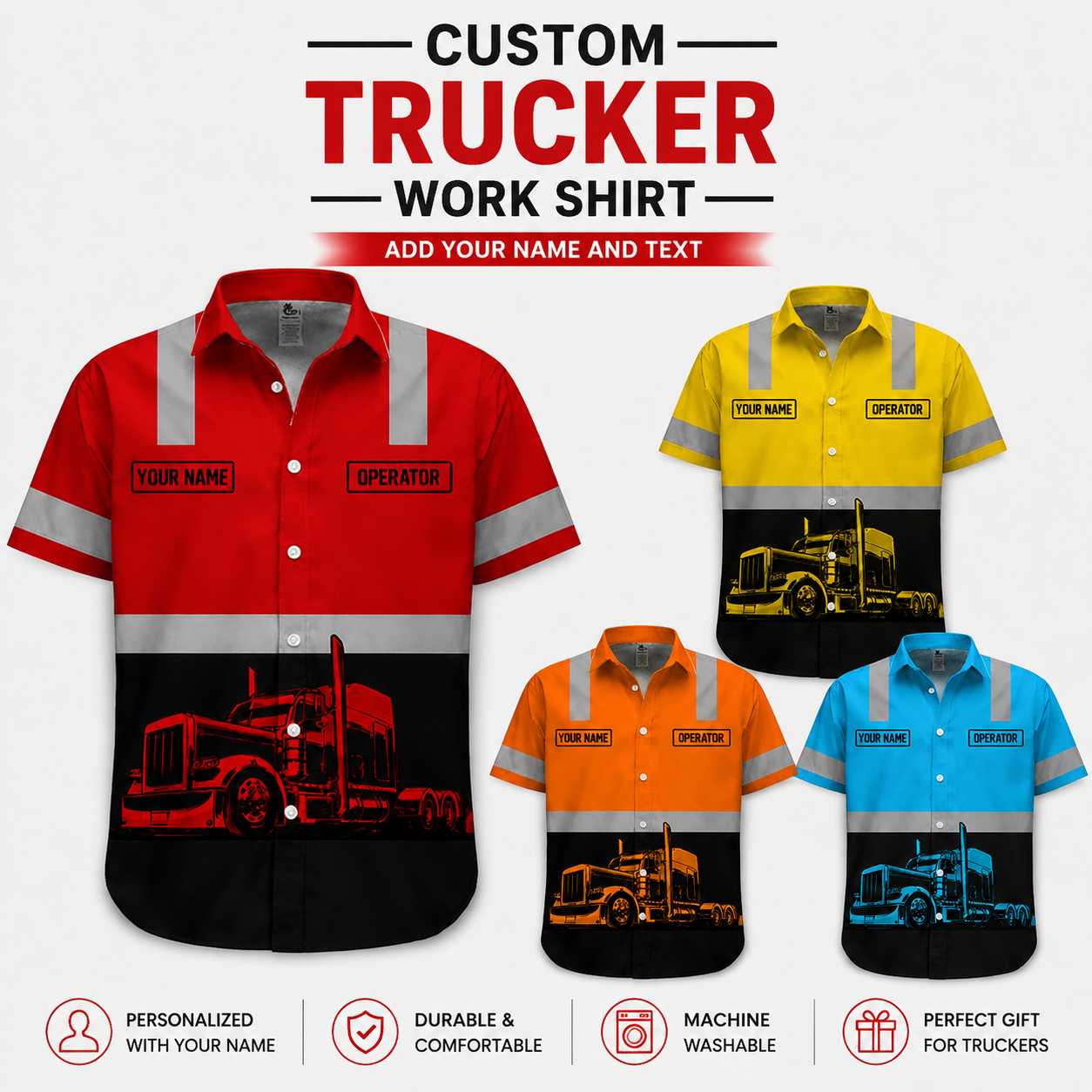 Custom Printed Trucker Uniform (with Gray Stripes) — Upload Your Truck Image and Name
