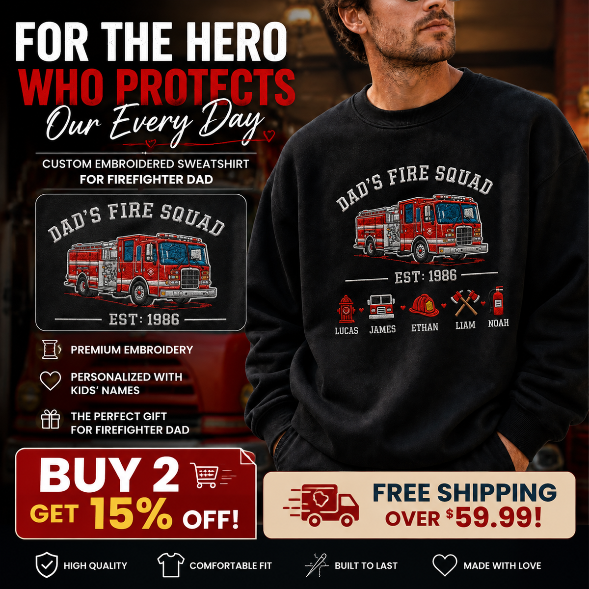 Dad's Fire Squad - Personalized Firefighter Dad Sweatshirt With His Little Heroes' Names