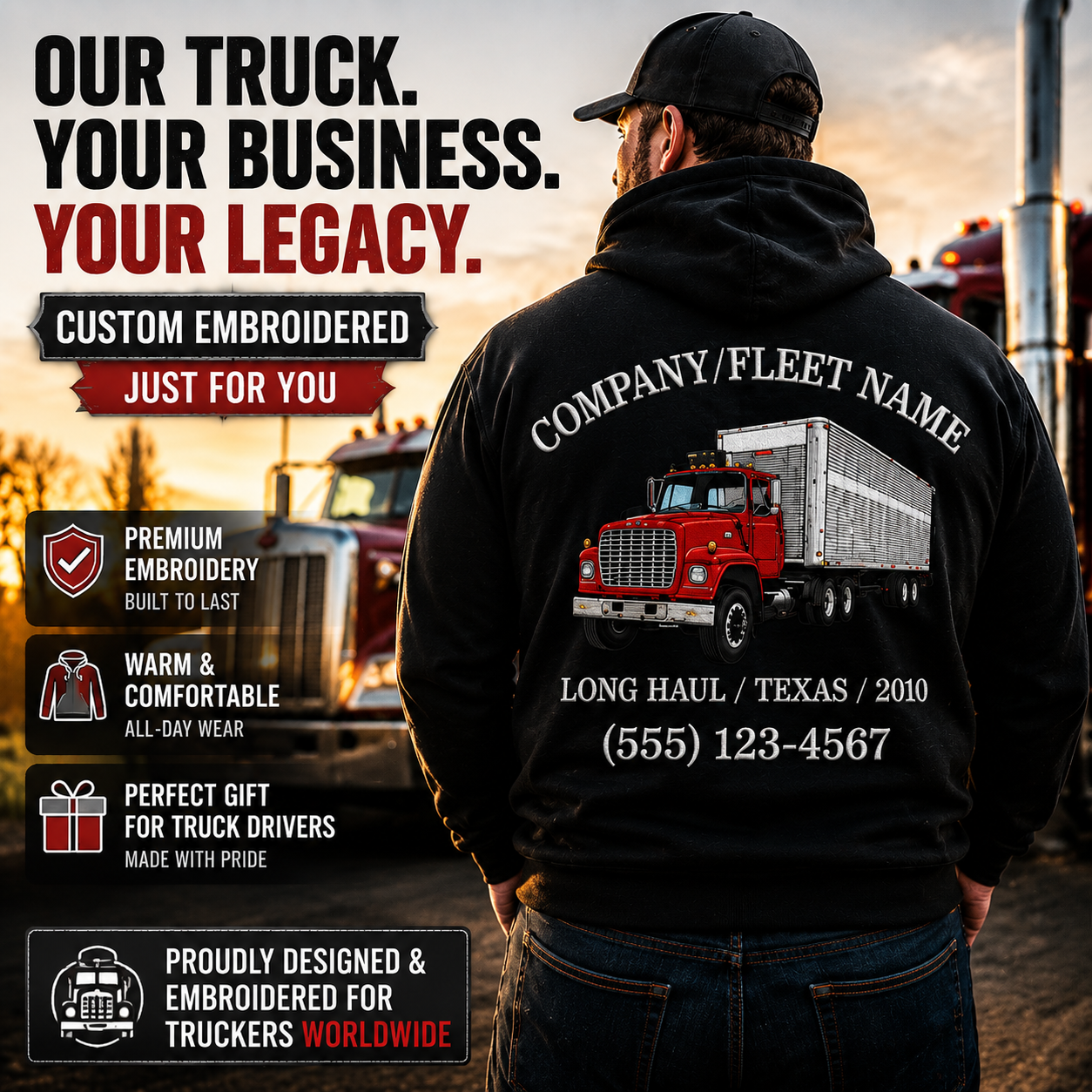 Personalized Truck Driver Hoodie – Custom Embroidered Big Rig Sweatshirt with Your Truck & Fleet Name – Gift for Truckers, Dads & Road Legends