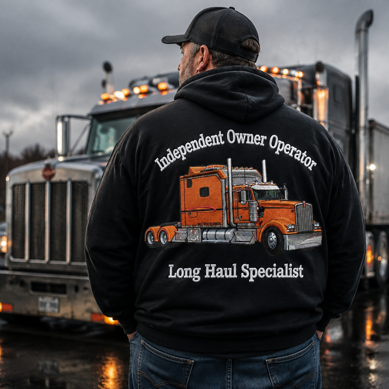 Personalized Truck Driver Hoodie – Custom Embroidered Big Rig Sweatshirt with Your Truck & Fleet Name – Gift for Truckers, Dads & Road Legends