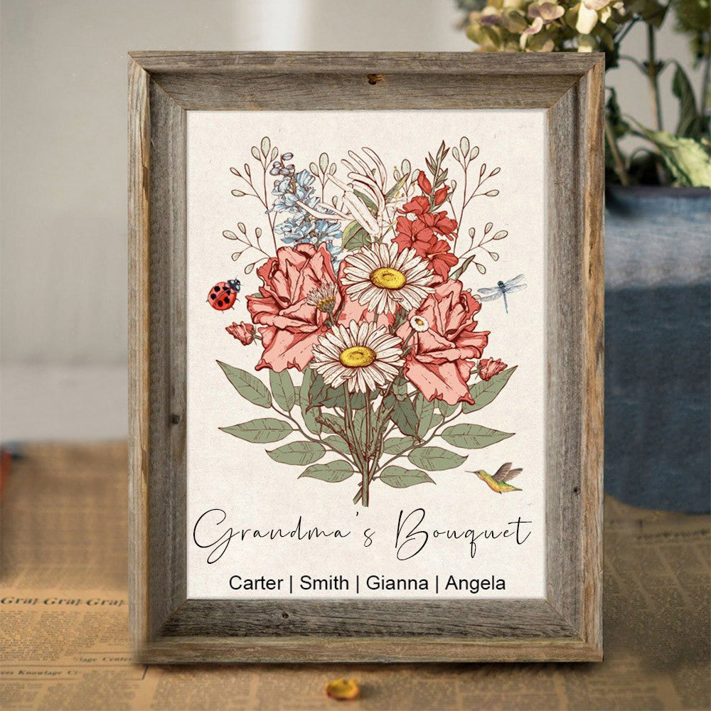 Custom Family Birth Flower Bouquet Art Print Frame with Kids Names Gift For Mother's Day (Customized free)