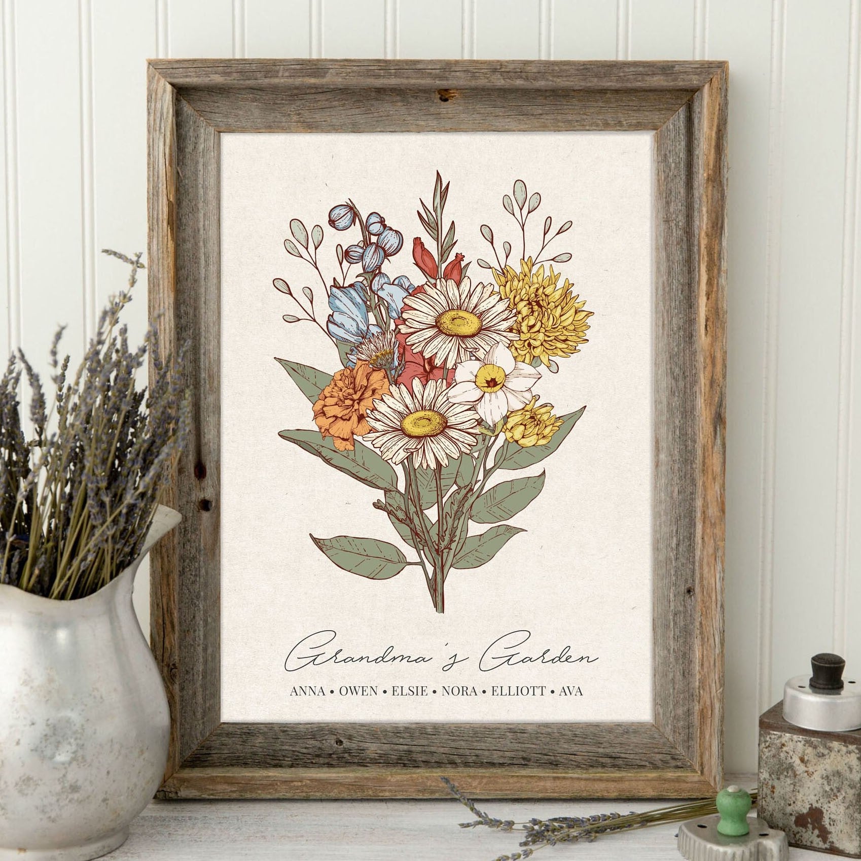Custom Grandma's Garden Birth Flower Bouquet Art Print For Mother's Day Gift