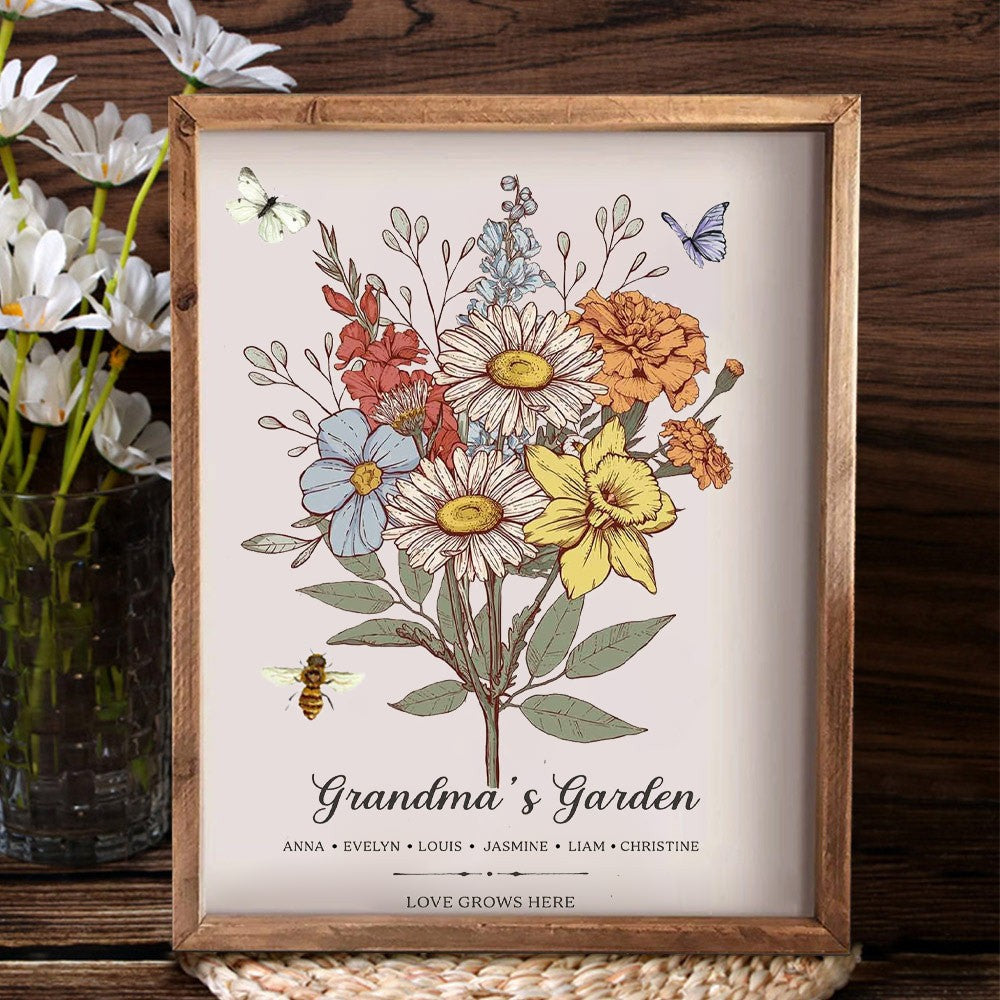 Custom Nana's Garden Birth Flower Bouquet Art Frame with Kids Names Gift for Mom Grandma