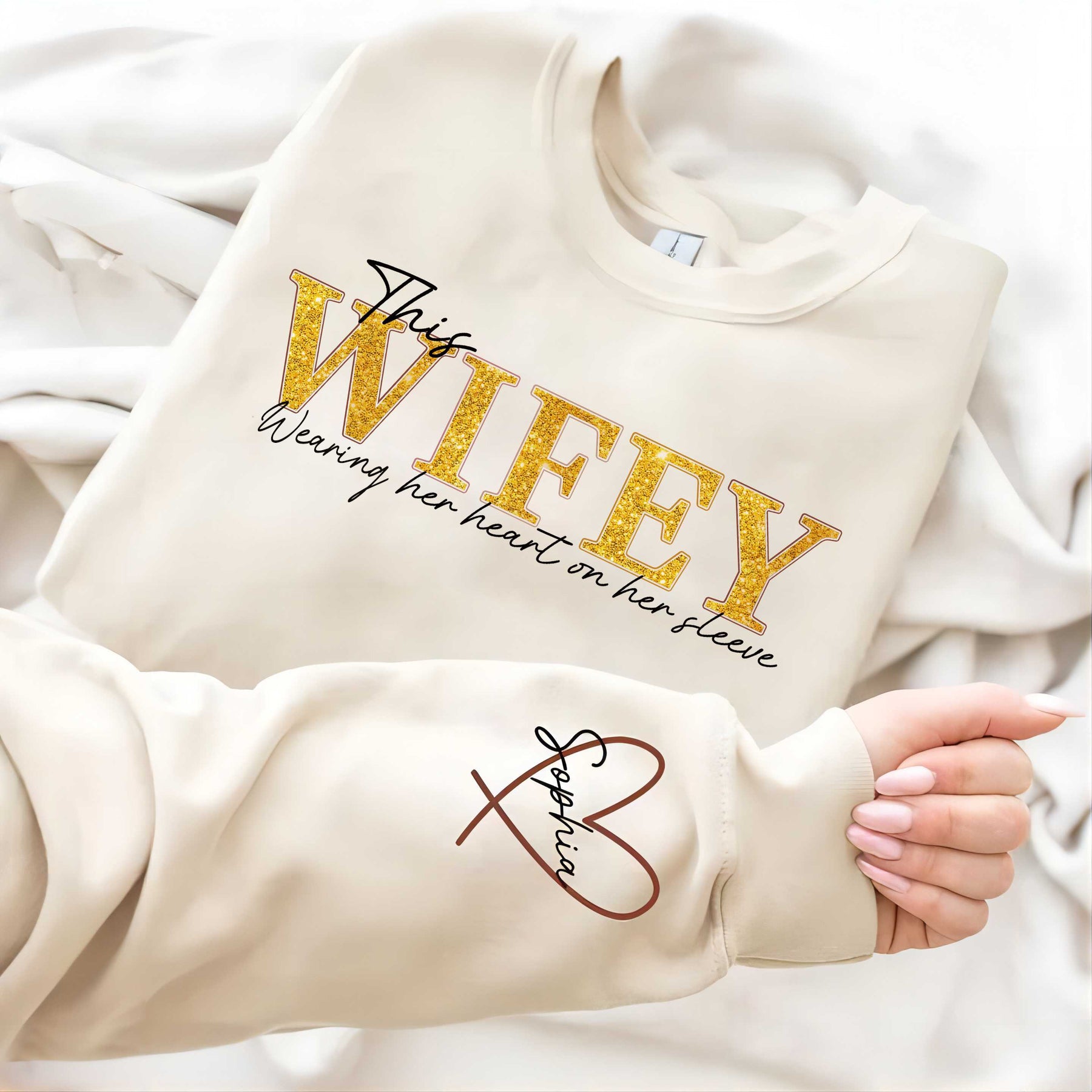 Personalized Wifey Wear Heart On Sleeve Mama Hot Stamping Sweatshirt with Kid Names on Sleeves-Mother's Gift