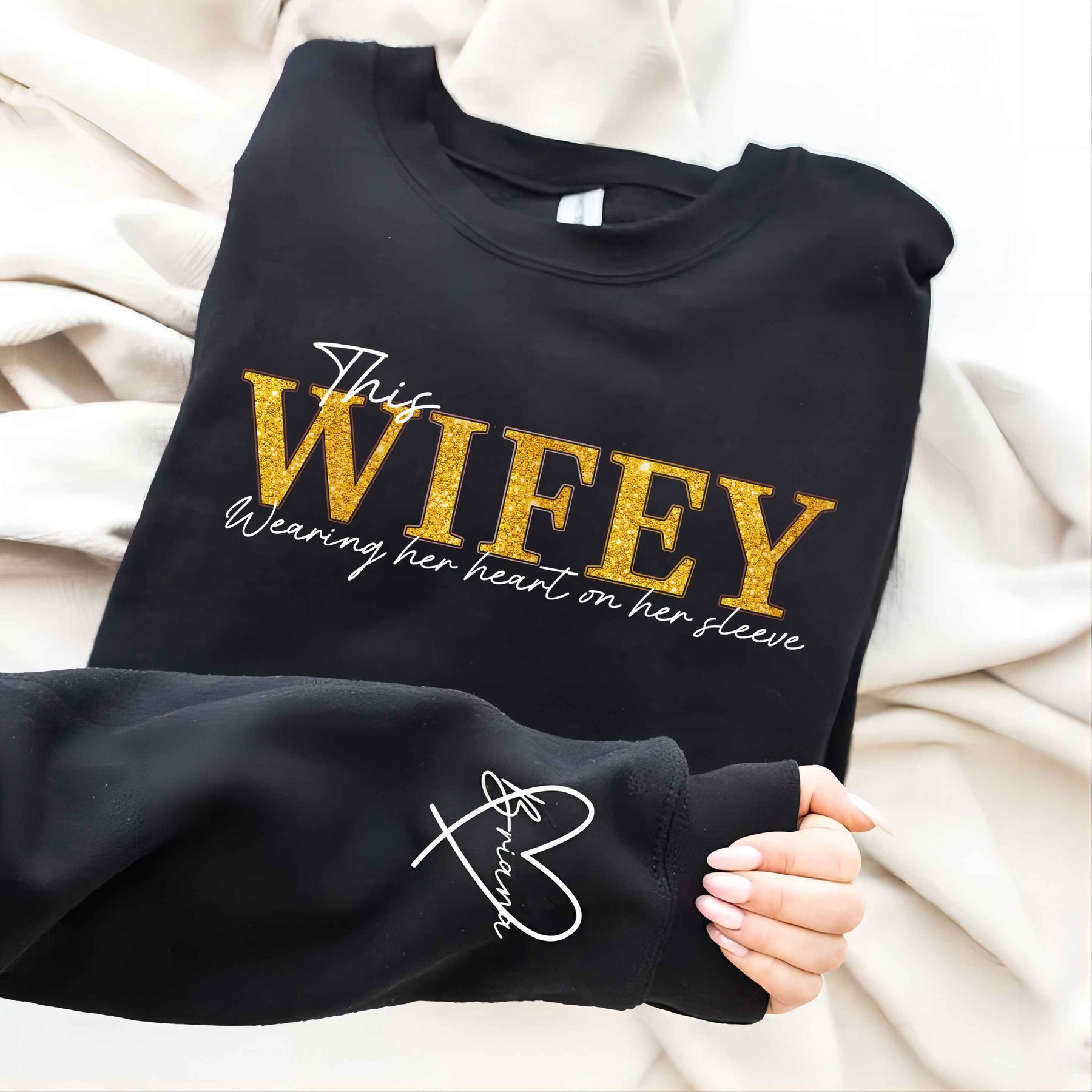 Personalized Wifey Wear Heart On Sleeve Mama Hot Stamping Sweatshirt with Kid Names on Sleeves-Mother's Gift
