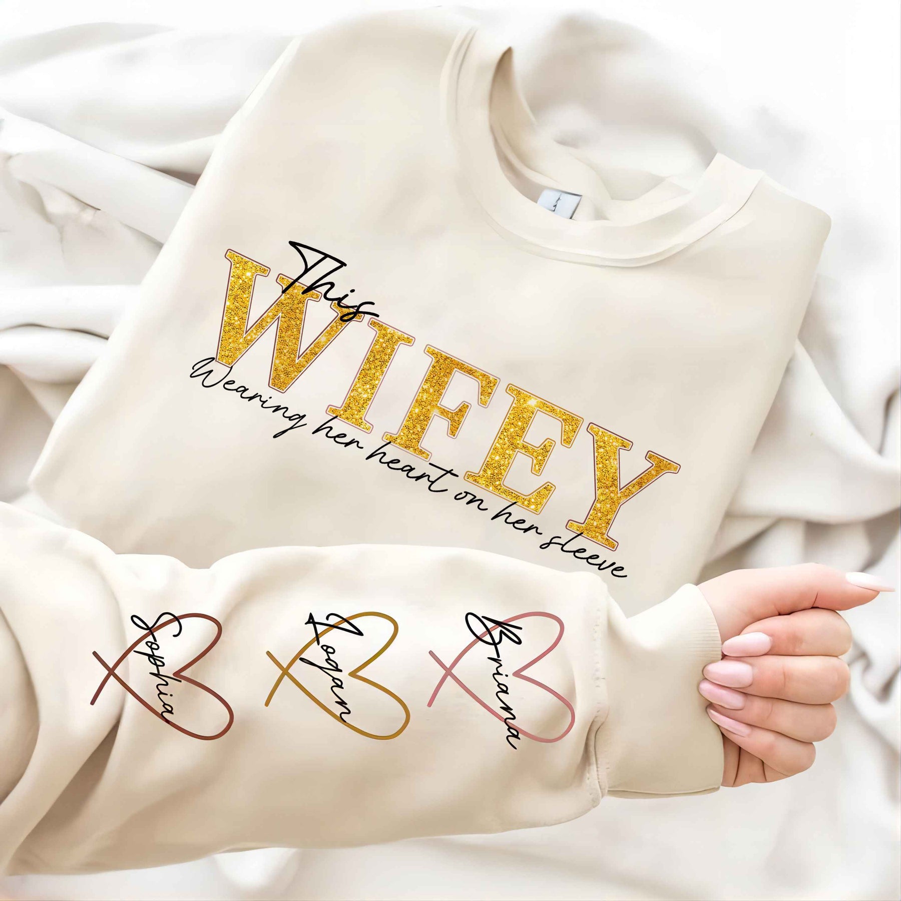 Personalized Wifey Wear Heart On Sleeve Mama Hot Stamping Sweatshirt with Kid Names on Sleeves-Mother's Gift