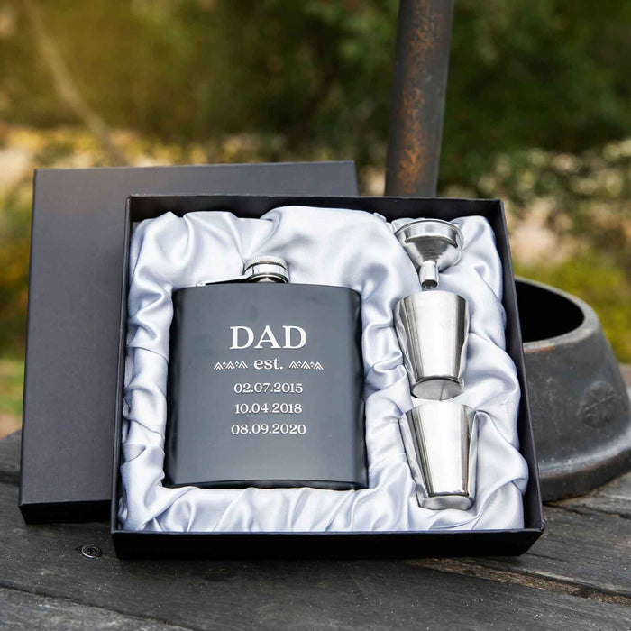 Engraved Father's Day 6oz Black Hip Flask with Funnel and Shot Glasses