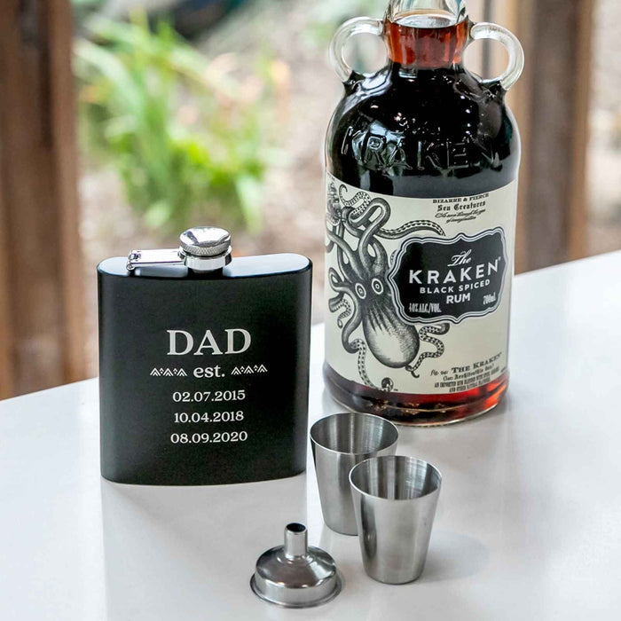 Engraved Father's Day 6oz Black Hip Flask with Funnel and Shot Glasses