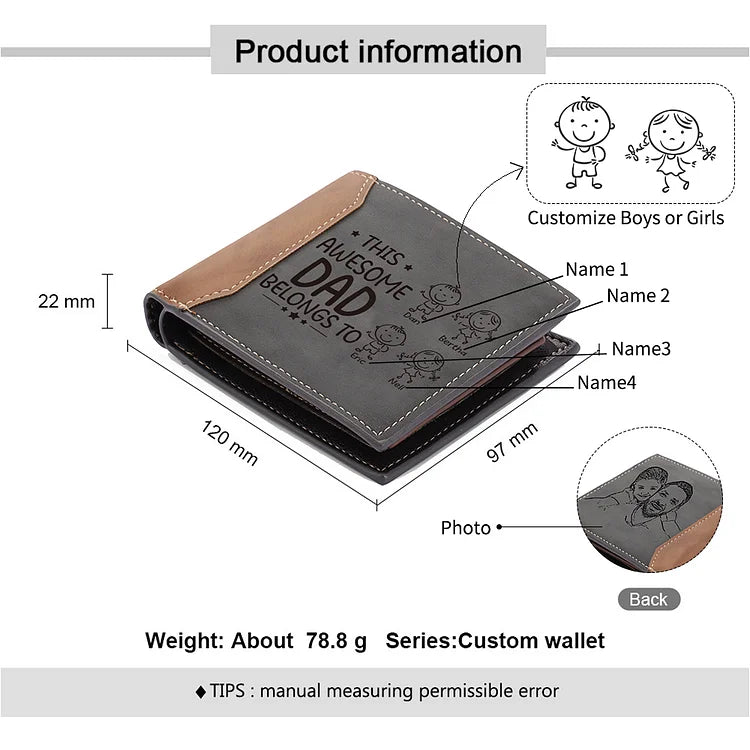 Personalized 4 Names & 1 Photo Wallet Men's Leather Folding Wallet "This Awesome Dad Belongs To" Father's Day Gifts