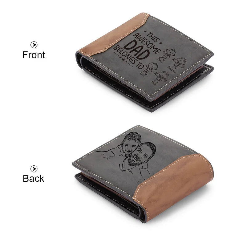 Personalized 4 Names & 1 Photo Wallet Men's Leather Folding Wallet "This Awesome Dad Belongs To" Father's Day Gifts