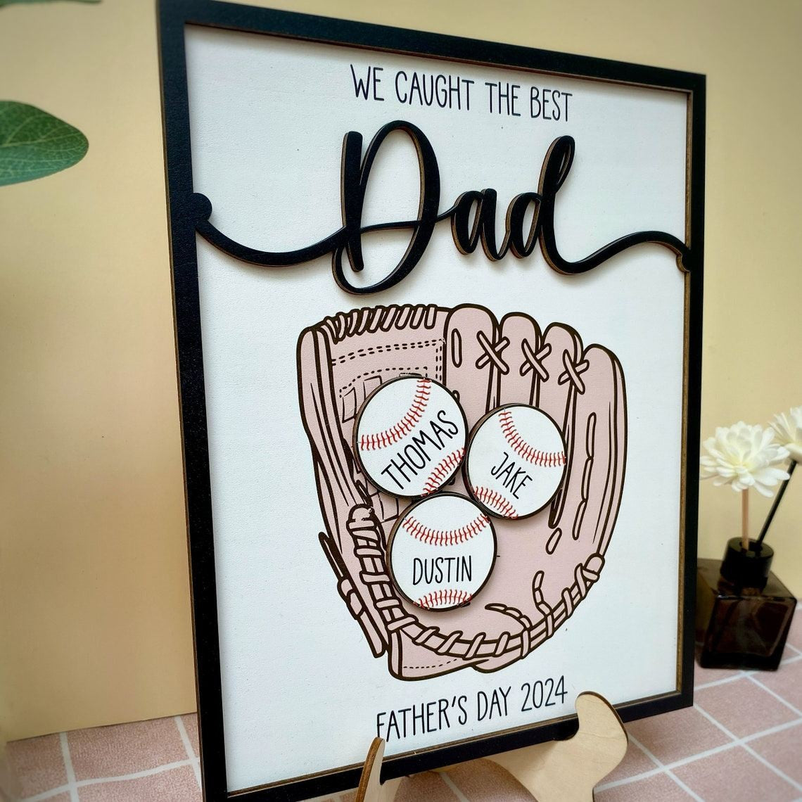 Personalized Baseball Dad Sports Wood Sign With Kids Name For Father's Day Gift