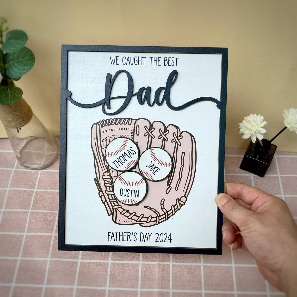 Personalized Baseball Dad Sports Wood Sign With Kids Name For Father's Day Gift