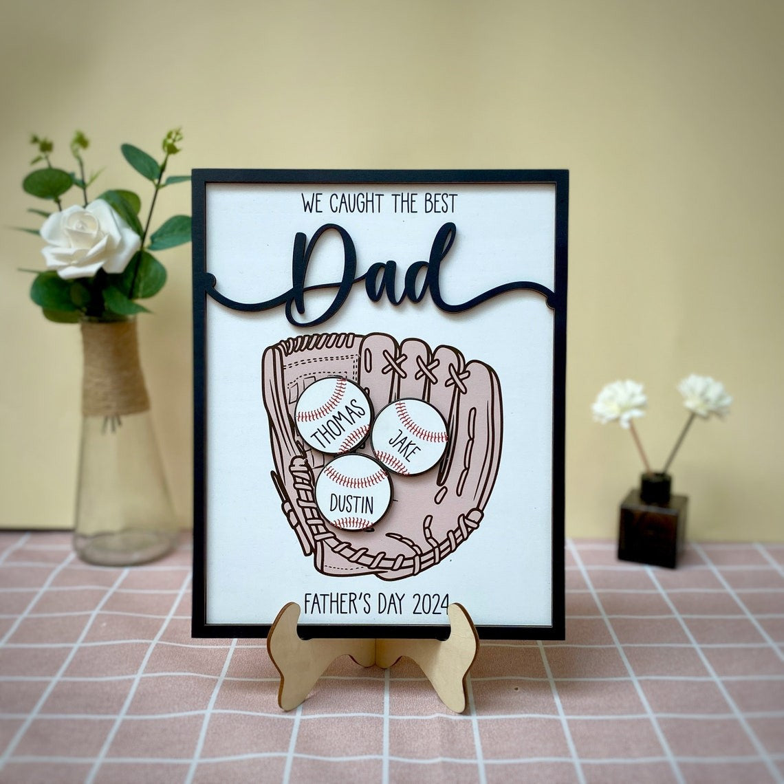 Personalized Baseball Dad Sports Wood Sign With Kids Name For Father's Day Gift