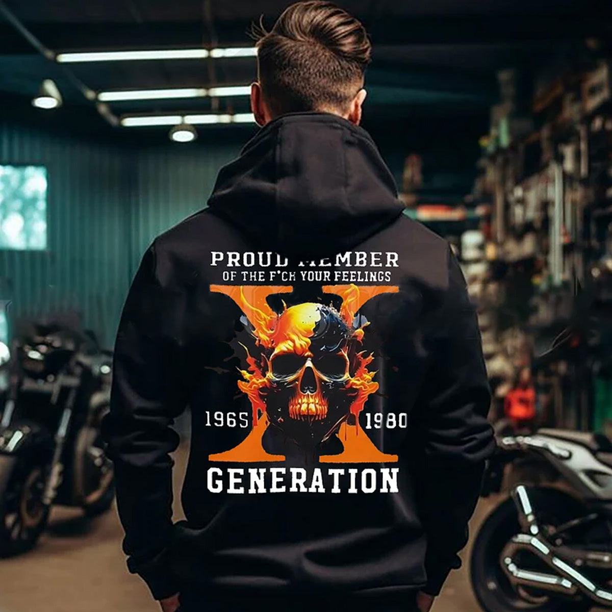 Custom Est Year Gen X Flaming Skull Proud Member Fck Your Feelings Generation Sweatshirt