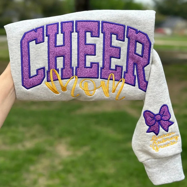 Embroidered Glitter Cheer Mom Sweatshirt With Kids Names On The Sleeve（Polly Ybarra）