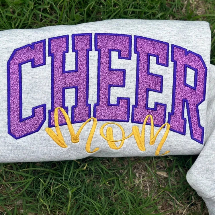 Embroidered Glitter Cheer Mom Sweatshirt With Kids Names On The Sleeve（Polly Ybarra）