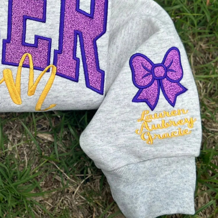 Embroidered Glitter Cheer Mom Sweatshirt With Kids Names On The Sleeve（Polly Ybarra）