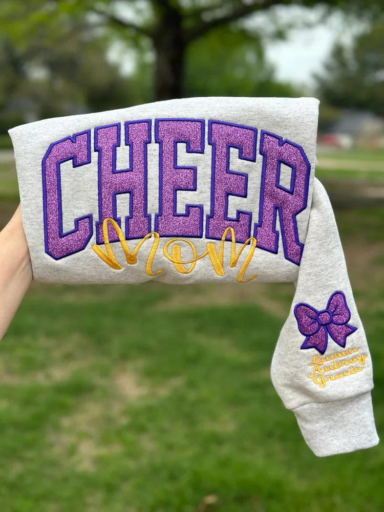 Embroidered Glitter Cheer Mom Sweatshirt With Kids Names On The Sleeve（Polly Ybarra）